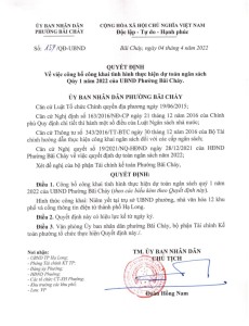 Quyết định công bố công khai thực hiện dự toán ngân sách Quý 1 năm 2022 của UBND phường Bãi Cháy