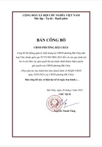 Công bố hệ thống chất lượng tại UBND phường Bãi Cháy phù hợp Tiêu chuẩn quốc gia TCVN ISO 9001:2015